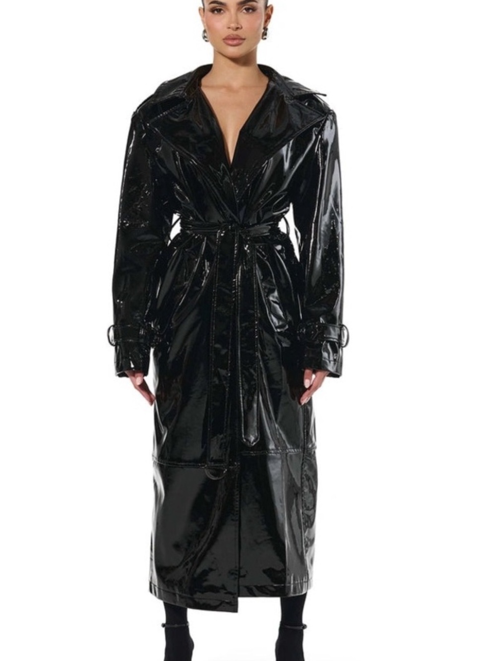 naked wardrobe Black Patent Trench Coat with Belt
